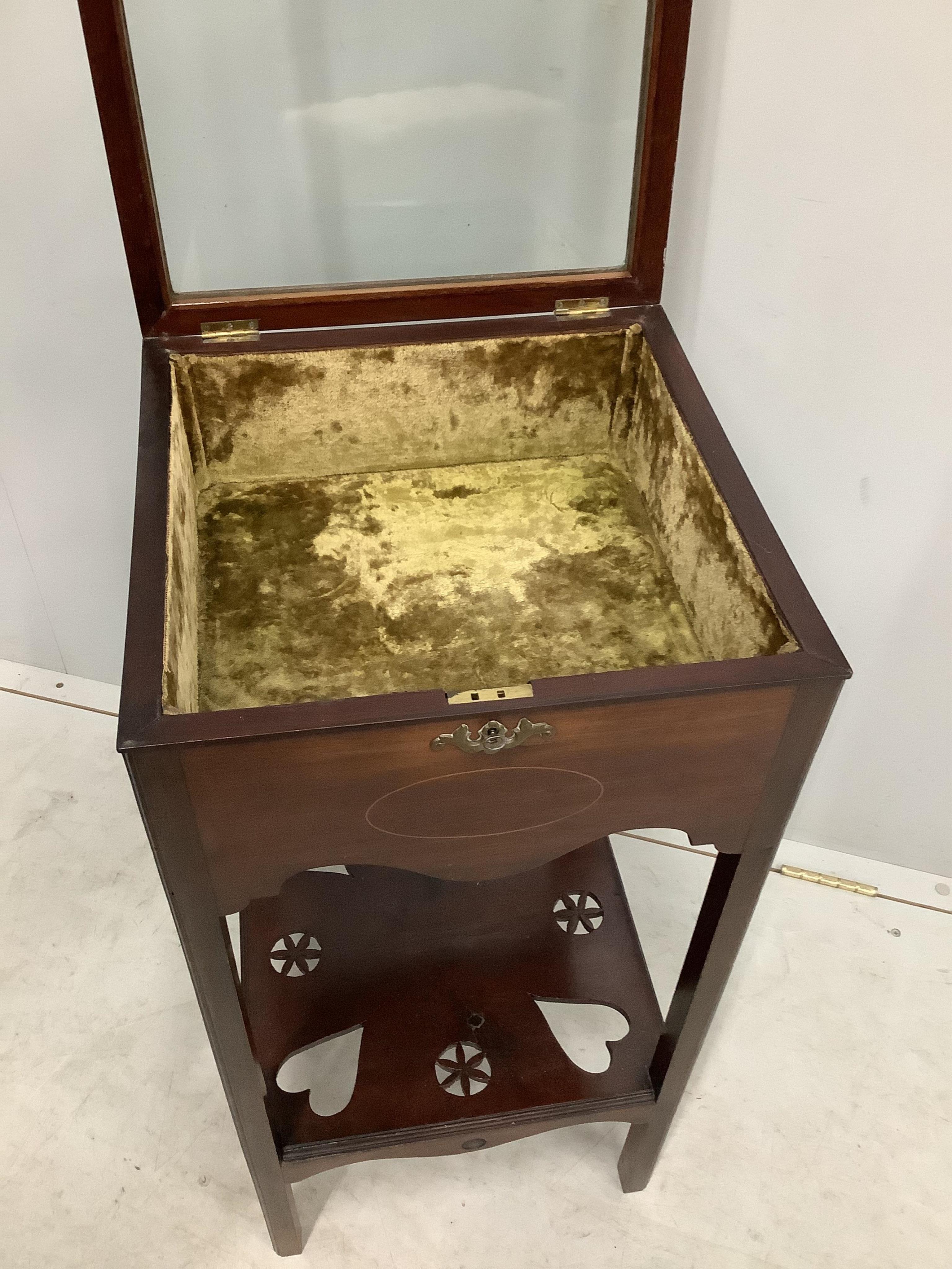 An Edwardian inlaid mahogany bijouterie table, width 36cm, depth 36cm, height 77cm. Condition - good